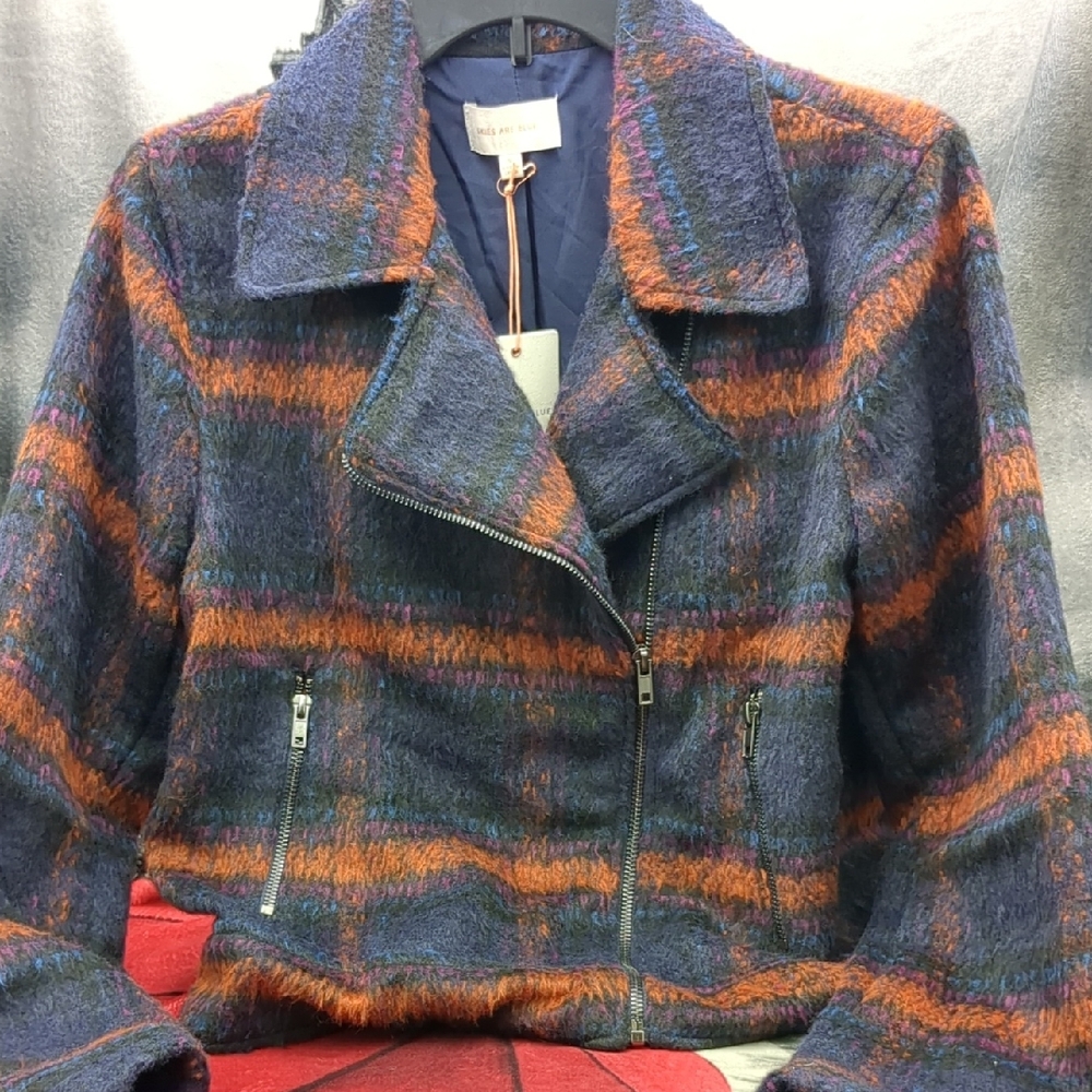 SKIES ARE BLUE double breasted plaid coat in navy